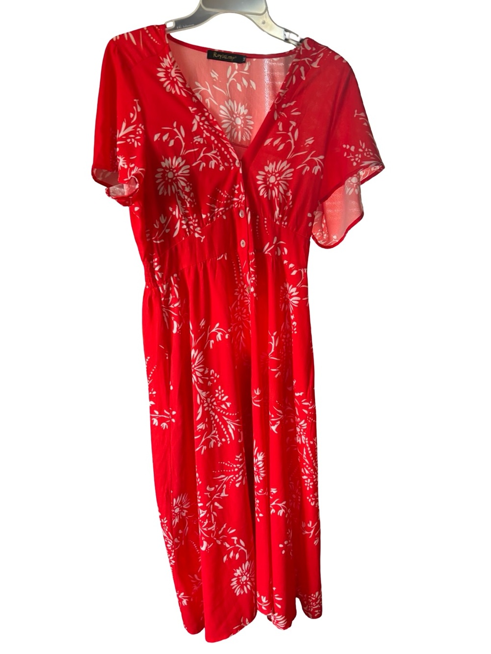 Red Floral Midi Dress with Button Front